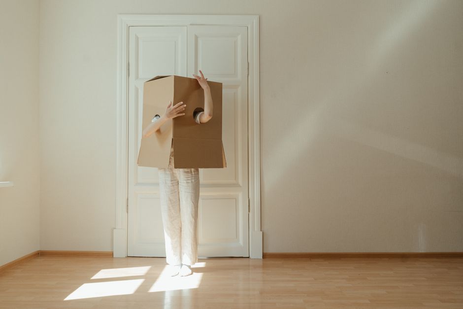 A person standing inside a room near a white paneled door, holding a large cardboard box in front of their body that covers their head and upper torso, with their arms visible emerging from openings i