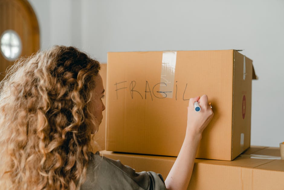 A person standing inside a room near a white paneled door, holding a large cardboard box in front of their body that covers their head and upper torso, with their arms visible emerging from openings i